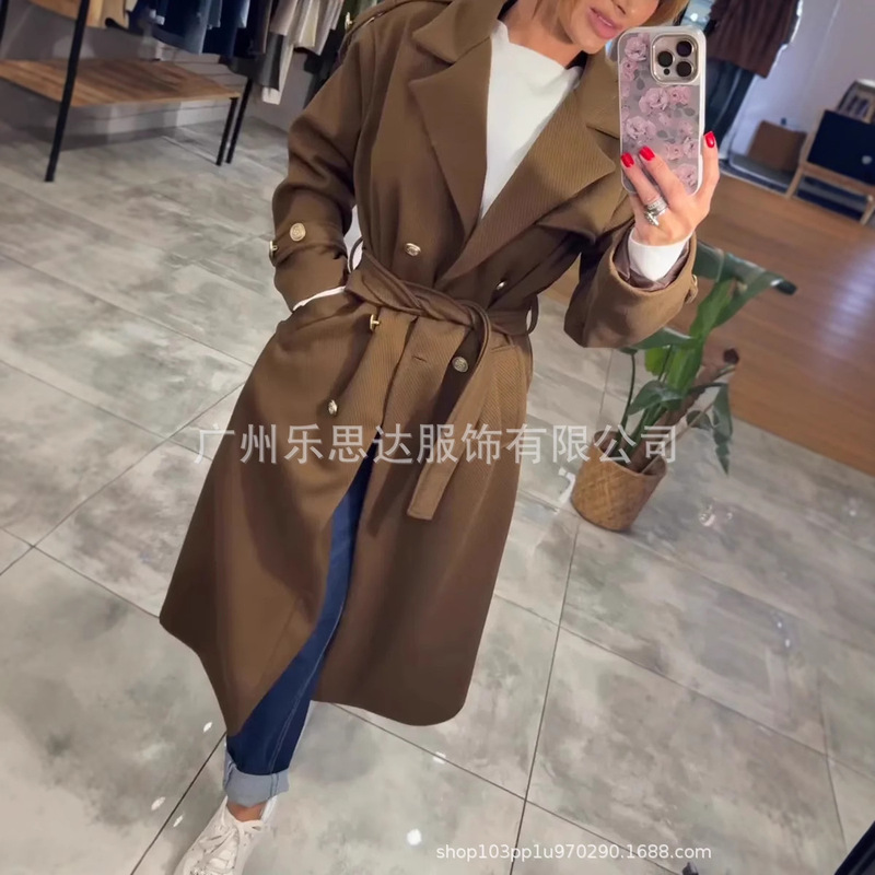 欧美风跨境外贸女装25秋冬气质时尚长袖翻领双排扣配腰带风衣外套|undefined