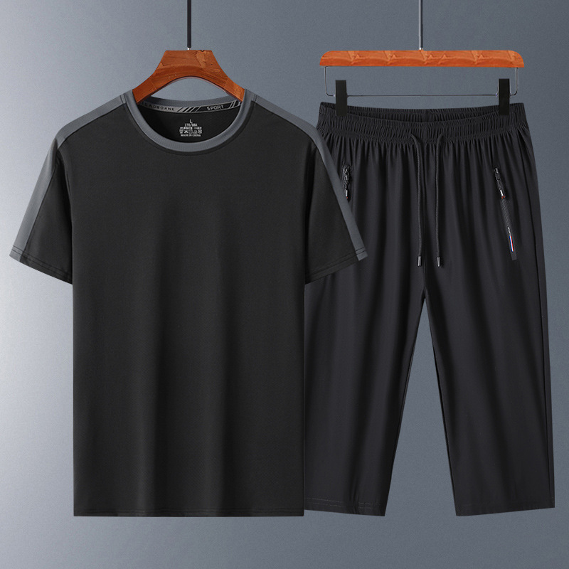 Trajes de hielo para hombres, trajes deportivos casuales de cuello redondo, mangas cortas, pantalones sueltos de siete puntos para hombres, set transpirable de verano de secado rápido de dos piezas