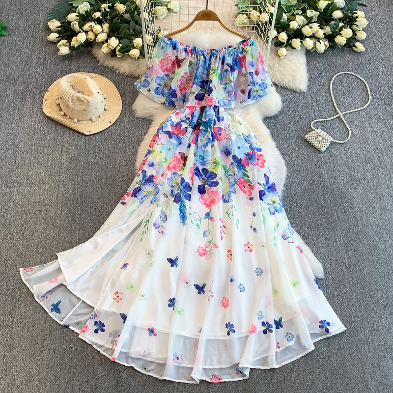 French Resort Style, Beautiful and Romantic Plum Blossom One-Shoulder Dress with Ruffled Sleeves, Women's Niche Fairy-Like Flowing Skirt