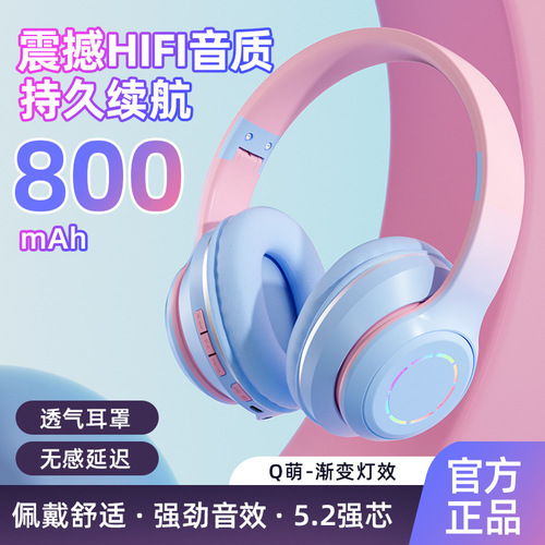 Cross-border gradient color head-mounted Bluetooth headset, mobile phone wireless gaming noise reduction, foldable gift headset, universal