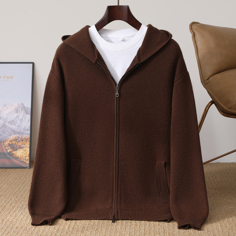 Merino Pure Wool Sweater Hooded Jacket Men's Casual Zipper Hoodie Double-Strand Thickeneded Large Size Sweater Cardigan with Pockets