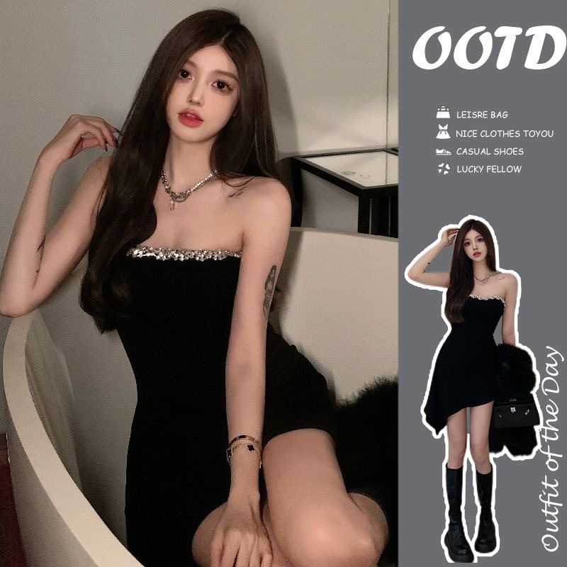 Shoulder Sparkling Rhinestone Tube Top Irregular Hepburn Style dress High-Level Niche Design Black Dress
