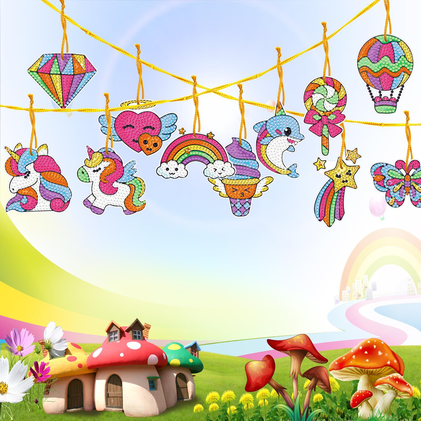 Accesorios para pintura con diamantes, adornos colgantes DIY, Sunshine Rainbow Little White Horse, serie My Little Pony, juego de 12 piezas, adornos colgantes