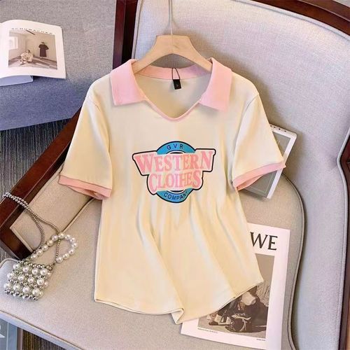 Women's 2025 Summer Polo Collar Regular Shoulder Short Sleeve Letter T-Shirt for Plus Size Loose and Slimming Top Trendy