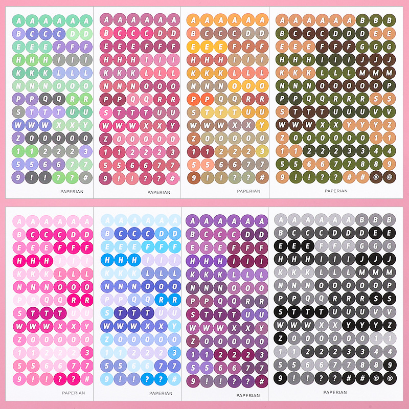 跨境韩国咕卡圆形字母贴纸彩色渐变自粘手账英文数字不干胶标签贴