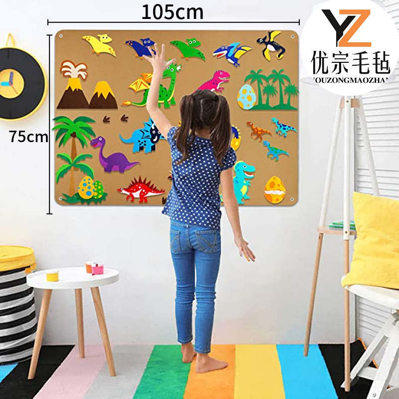 Historia traje de niño en edad escolar colgando dinosaurio storyboard bolsa de juego para niños aprendiendo actividades de narración