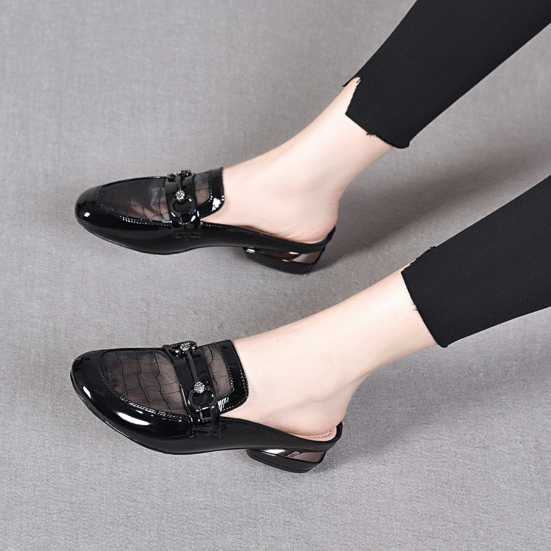 Dép sandal nữ mũi lưới da thật gót thấp 4.5 cm phong cách Anh — Đen--4.5CM chi tiết 8