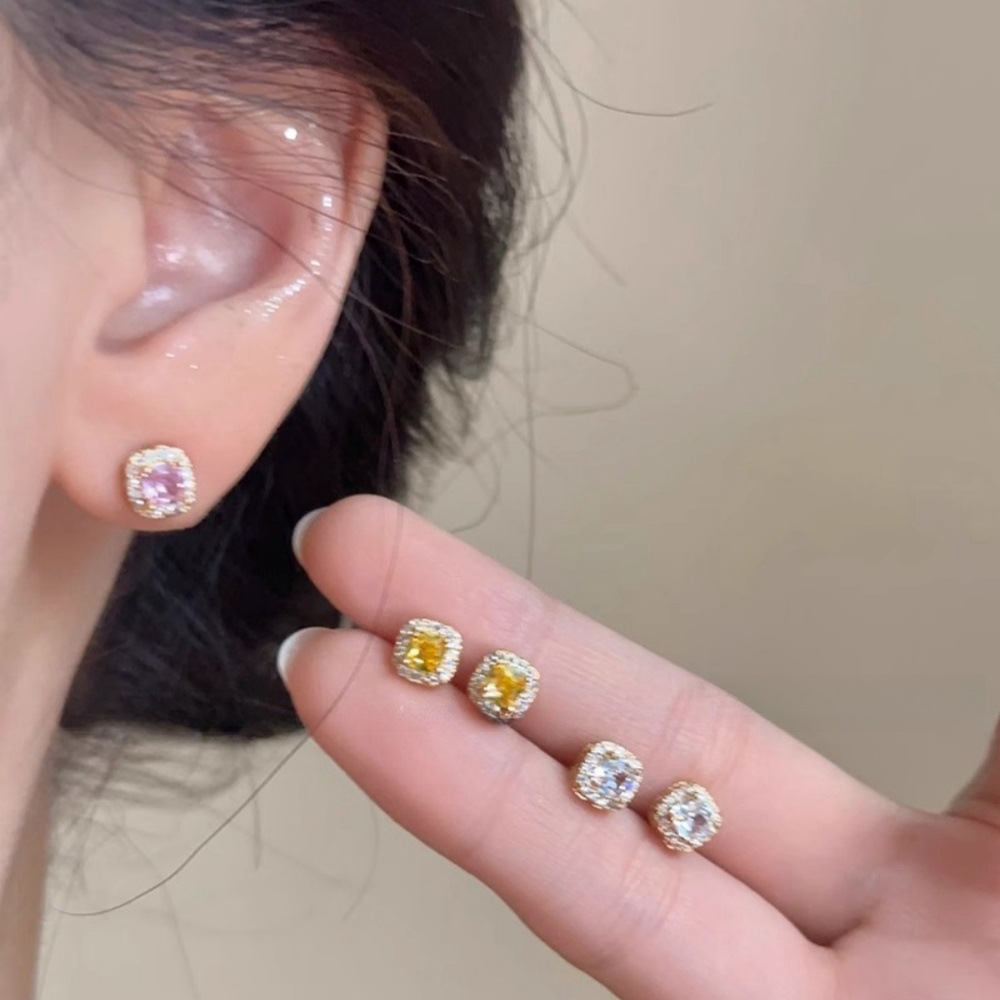 爆閃小方鑽耳釘女純銀養耳洞耳環輕奢高級感氣質大氣耳飾夏天新款