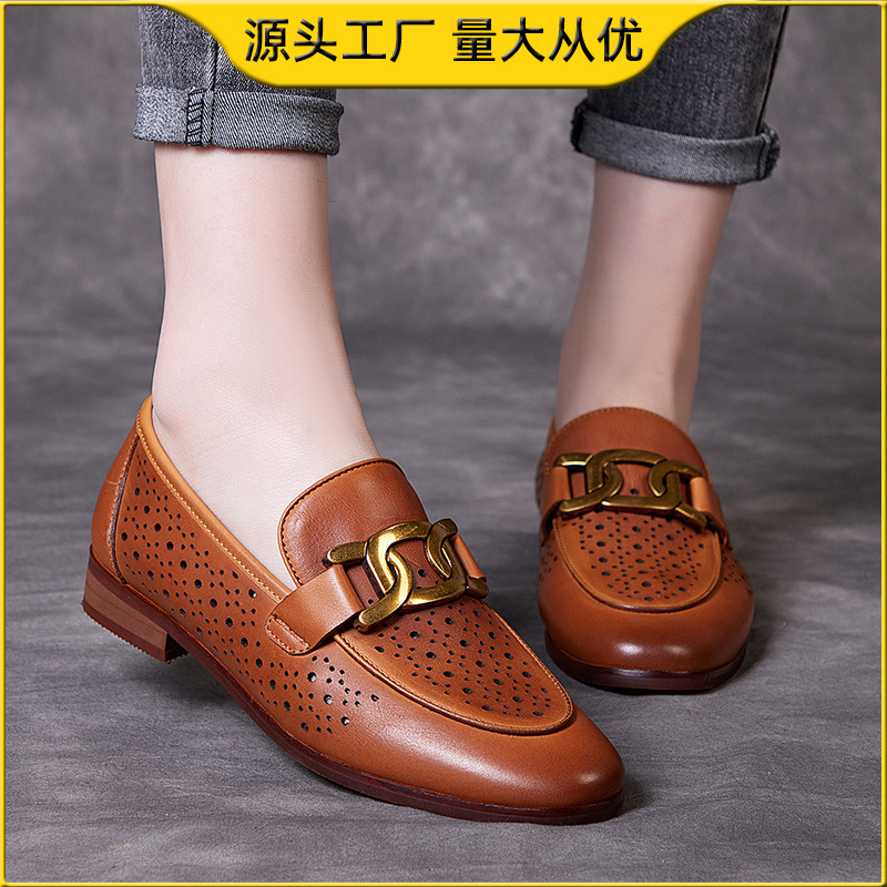 鞋子女2021夏季新款复古手工头层牛皮凉鞋女软底低跟真皮时装鞋|ru