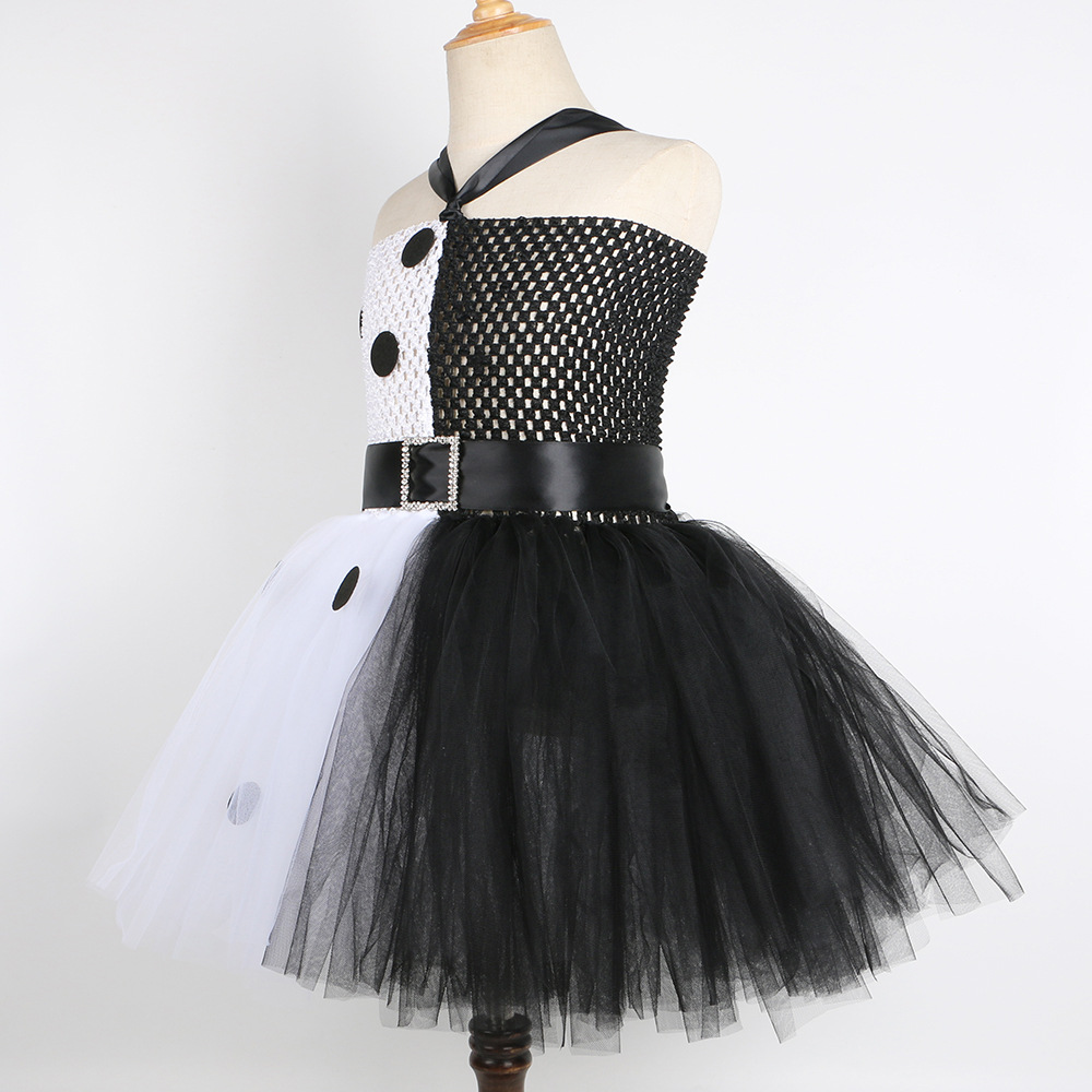 Kinderkleidung Schwarz-weißer Hexen-Netzrock Cruella de Vil Cosplay-Kostüm 101 treuer Hund Cruella Kinderprinzessinnenrock_voghion.com