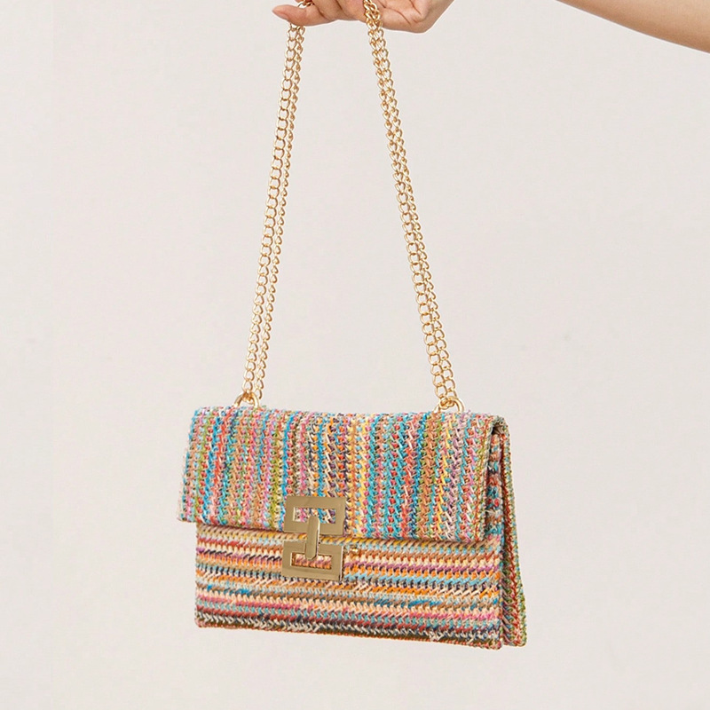 2025 New Vacation Style Multi-Compartment Chain Flap Twist Lock Straw Woven Shoulder Cross-Border Women's Bag_voghion.com
