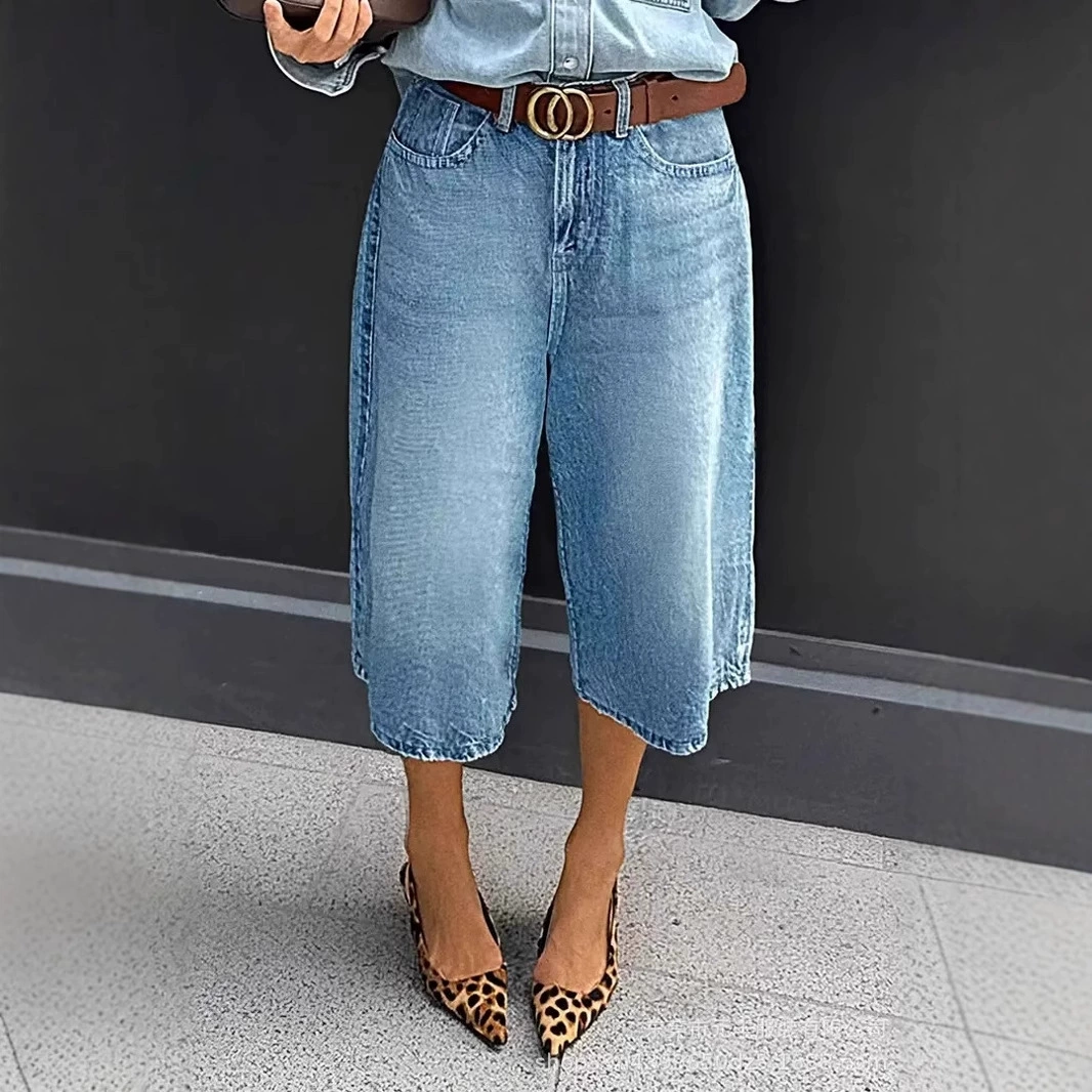 Популярные в трансграничной электронной коммерции женские джинсовые шорты с градиентным эффектом, винтажные, универсальные, свободного кроя, прямые, укороченные, больших размеров.