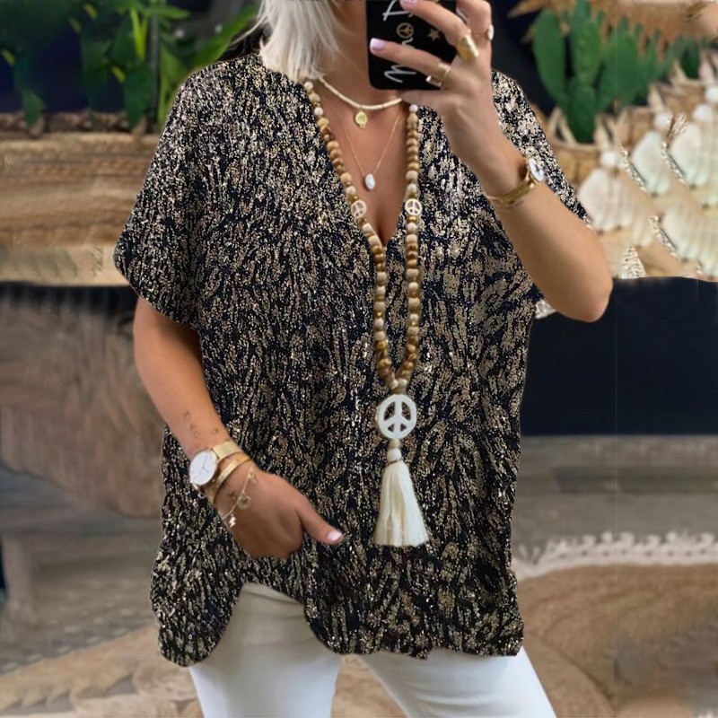 Camiseta de manga corta con lentejuelas y cuello en V, estilo urbano informal, holgada, de color, para mujer, nueva colección 2026 de Amazon, estilo europeo y americano.