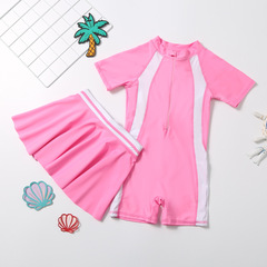 兒童泳衣女孩連體短袖褲式女童可愛游泳衣帶裙子中大童學生泳裝