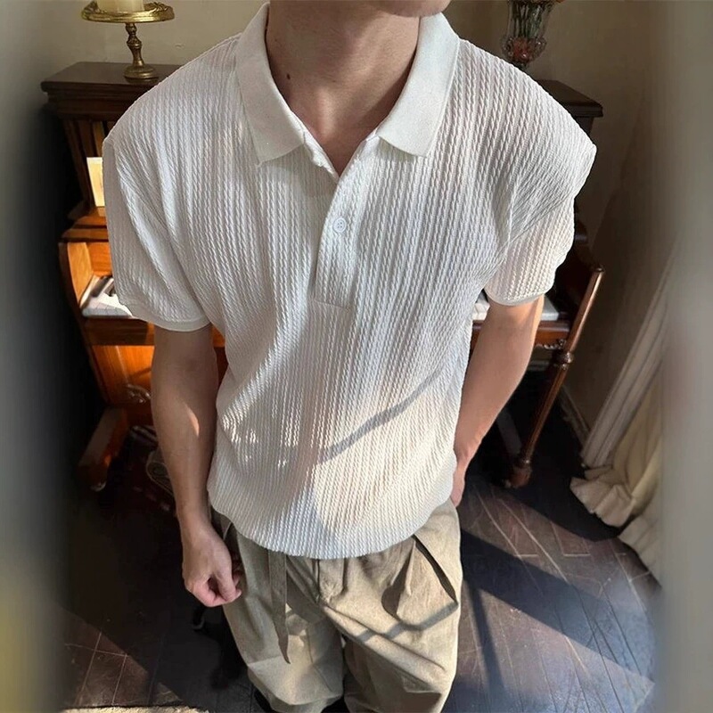 Old Money Style Textured Knit Short-Sleeve Men's Summer Retro Hollow-Out Polo Shirt, Solid Color Casual Loose Versatile Half-Sleeve