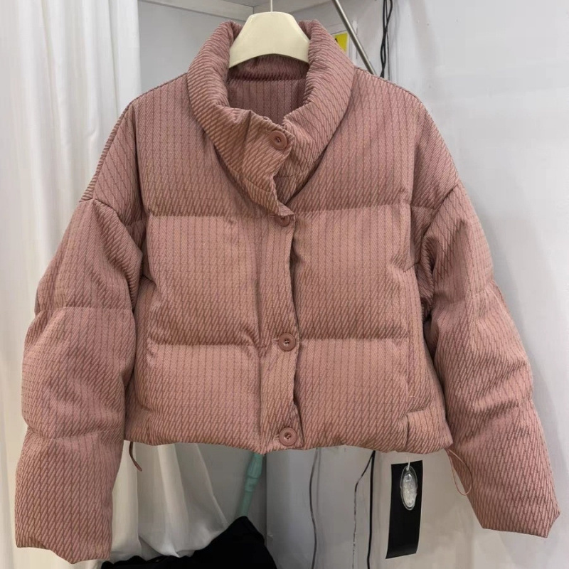 韩版竖条纹羽绒服外套女冬季新款设计感小众立领宽松加厚白鸭绒潮