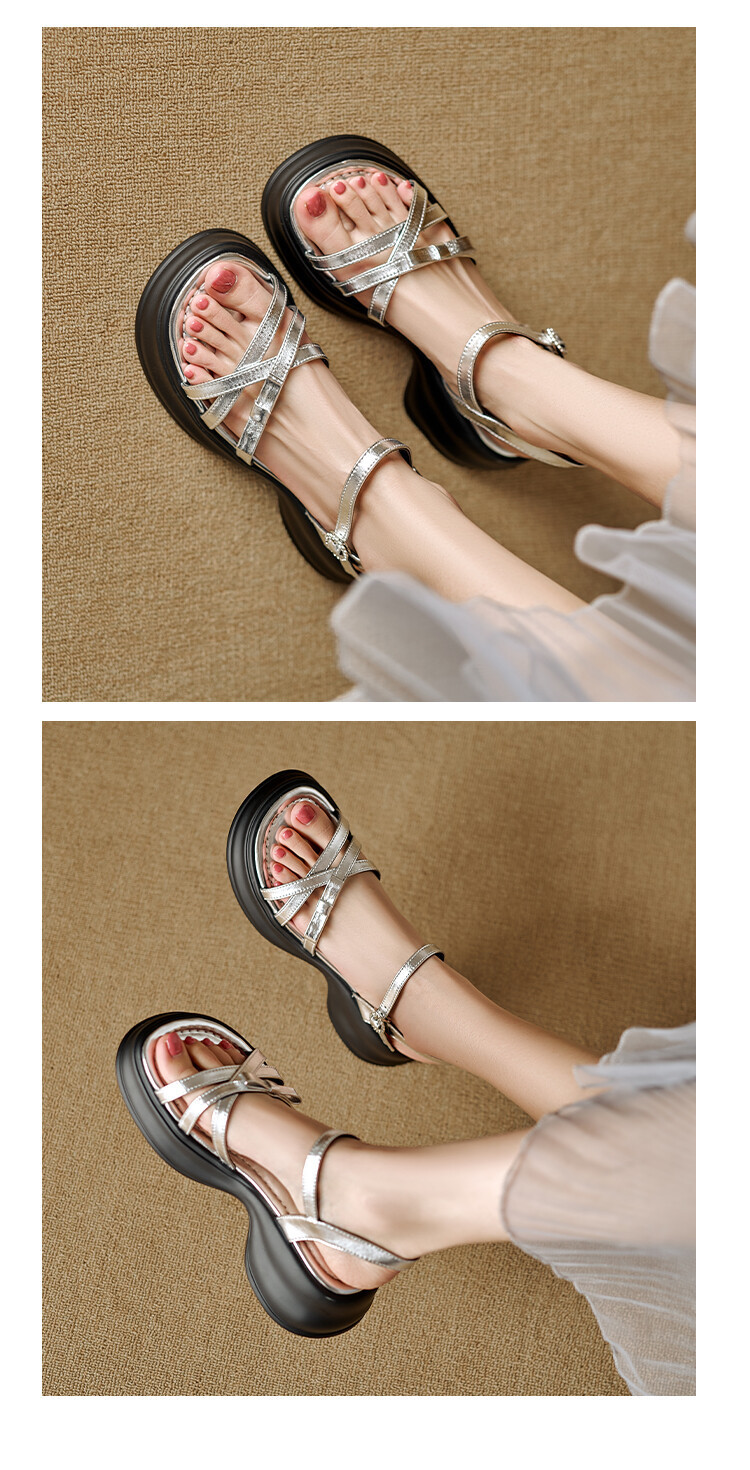 Dép sandal nữ đế bánh xốp dày mùa hè, da cừu nơ đi biển — Xanh lam Sương Khói, Màu bạc chi tiết 12