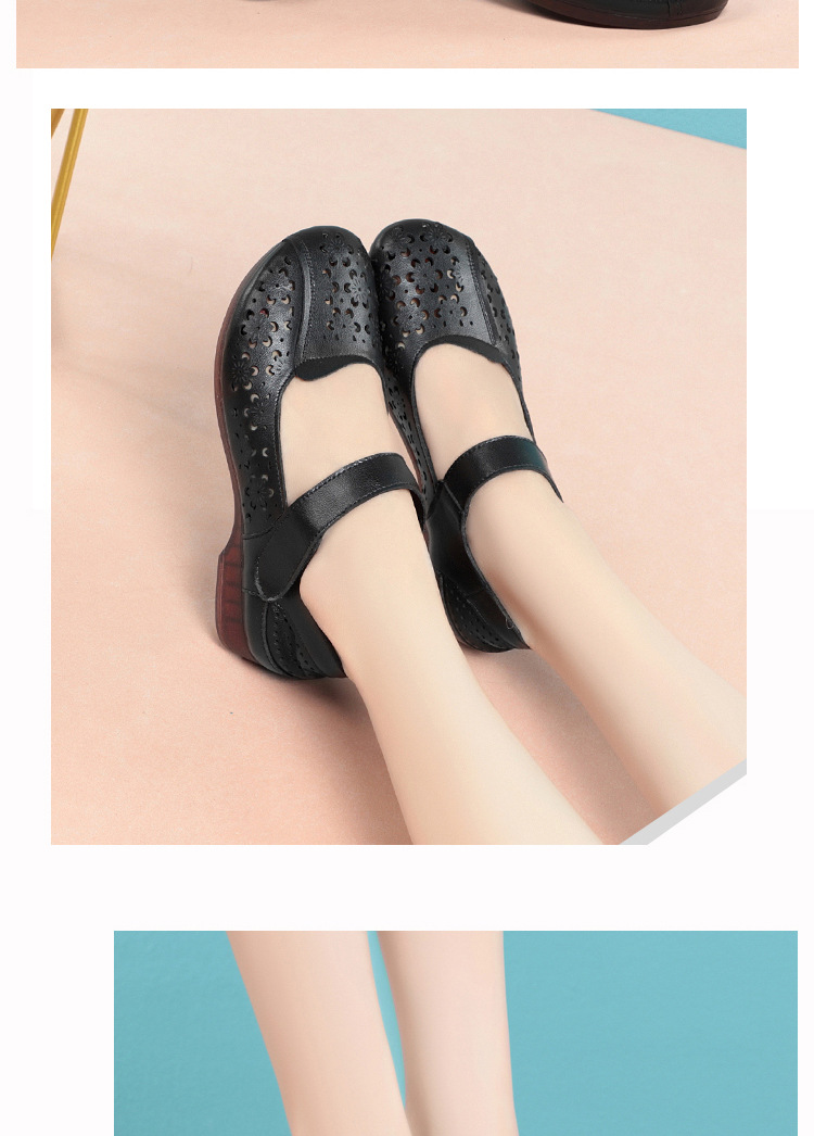 Sandal da thật mùa hè cho nữ trung niên đế mềm chống trượt — Màu đen chi tiết 10