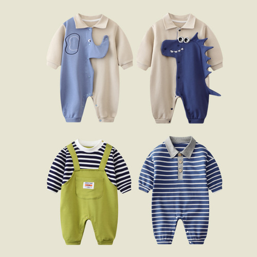 Ins baby onesie striped shoulder straps Korean version faux two-piece spring and autumn long-sleeved baby crawling suit casual outdoor clothes