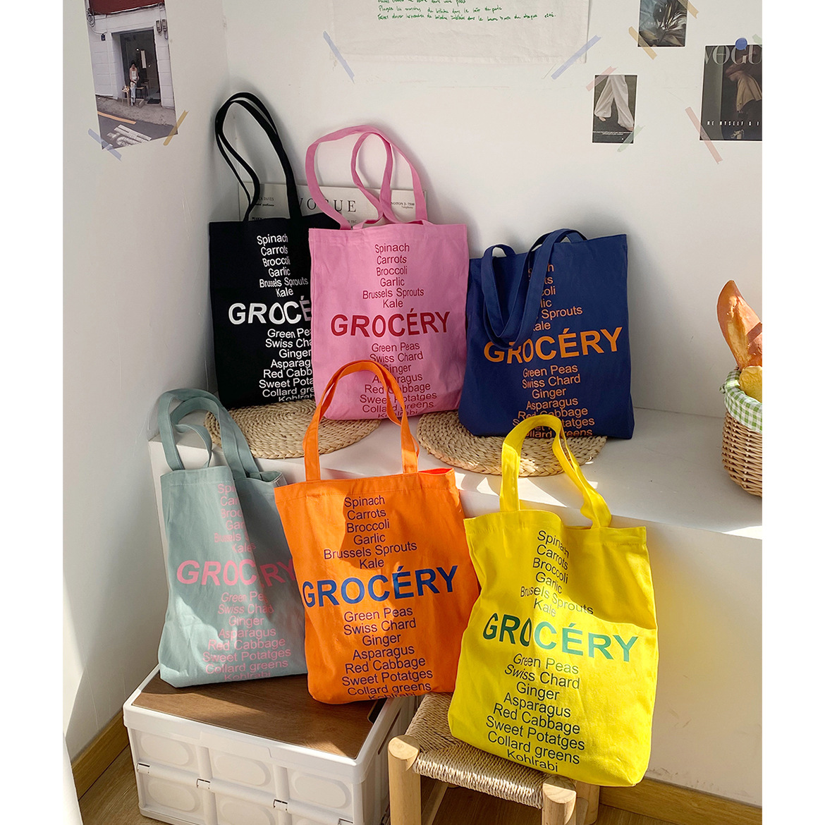 美式复古撞色帆布袋春夏港风大容量欧美时尚包学院风字母印花布包