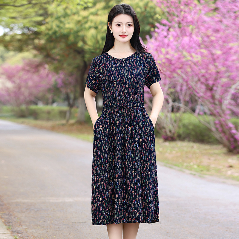 50岁60妈妈夏装棉绸连衣裙中老年圆领短袖大码女士中长款碎花裙子|undefined