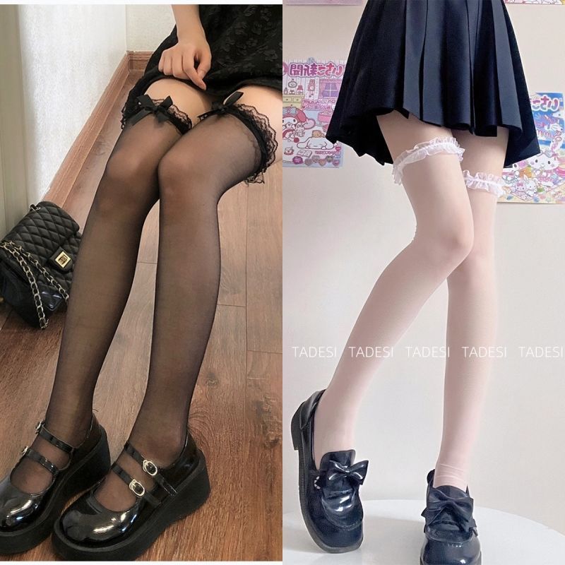 日系蝴蝶结蕾丝花边长筒黑丝袜薄款白色过膝高筒jk袜子女Sy|undefined