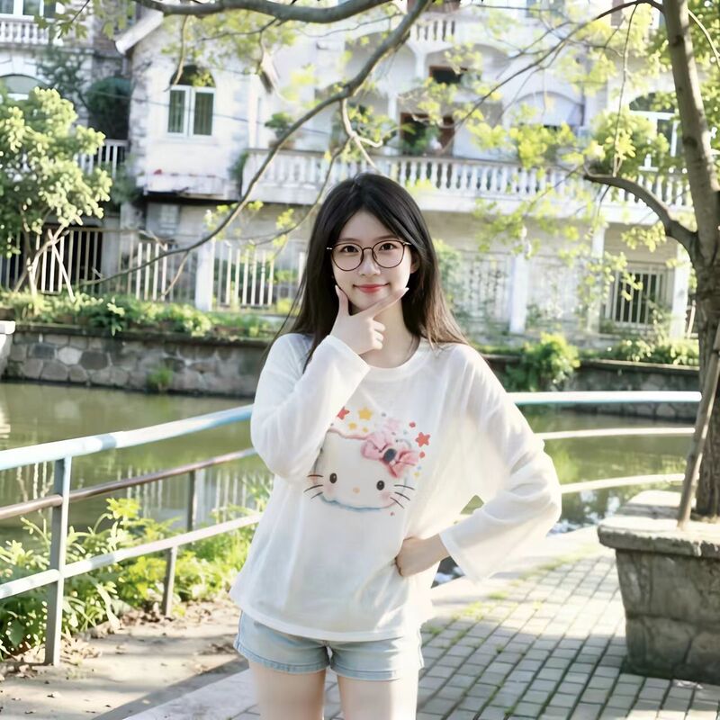 Korean-style gentle watercolor Hello Kitty sheer long-sleeve T-shirt for women, loose, lightweight, sun-protective, and suitable as an undershirt for air-conditioned environments