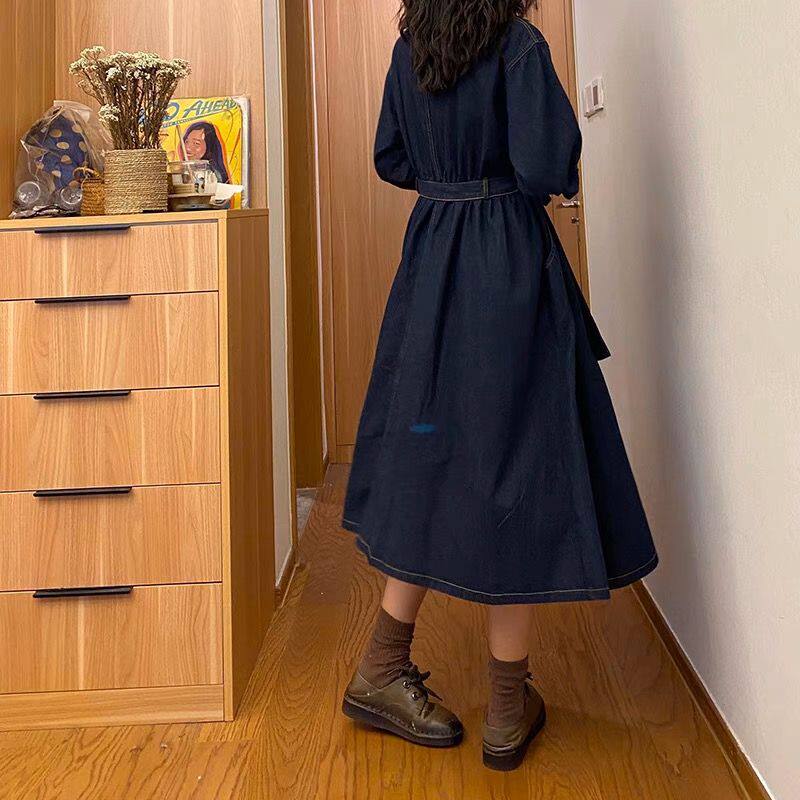 Đầm denim dài tay nữ phong cách thanh lịch, chiết eo tôn dáng, dáng chữ A lửng — Màu xanh dương