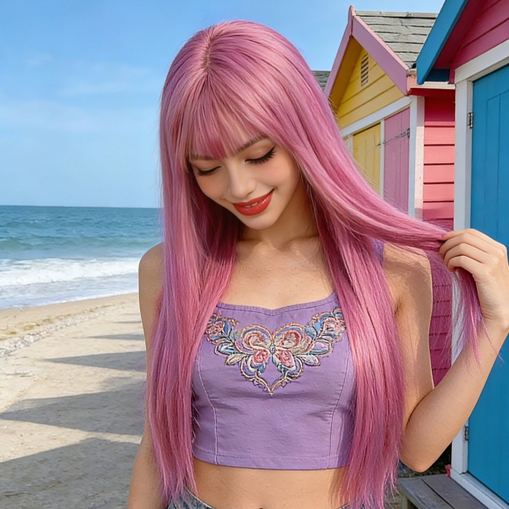 Peluca colorida de las mujeres de estilo japonés y coreano largo pelo recto fibra química teñido pelo falso mano rápida productos de transmisión en vivo en línea