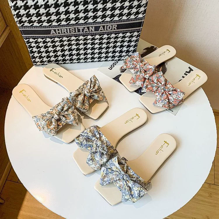 Летние Тапочки женские уличные 2021, новые сандалии с бантом в Корейском стиле, женские тапочки больших размеров для внешней торговли