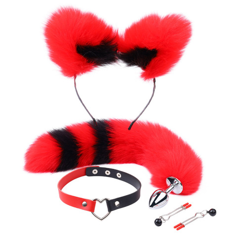 Fox tail anal plug, backyard flirting, nipple clip, ear collar, adult sex toy, artificial tail hair set toy