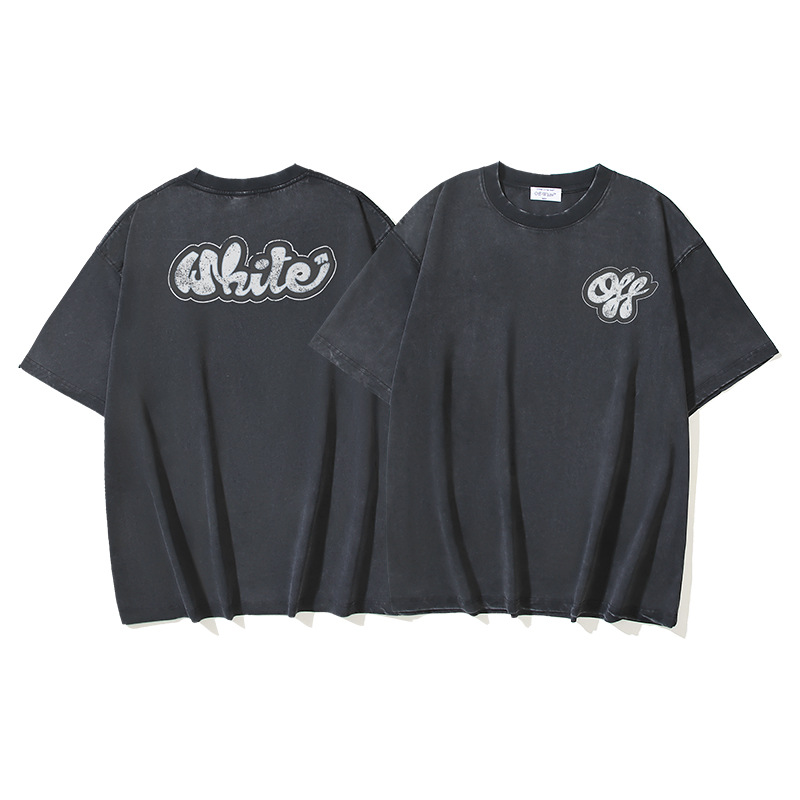 Verano nuevo OFF-WHITE lavado y desgastado doble hilo pesado ángel rojo anciano religioso estampado camiseta de manga corta hombre