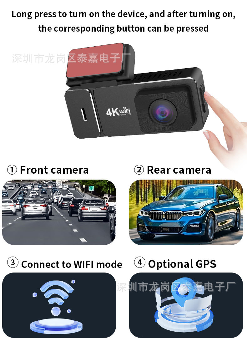 Ultra-Clear 4K Starlight Night Vision Car Dvr Front and Rear Dual Recording Wifi Mobile Phone Interconnection Dual Lens Driving Recorder