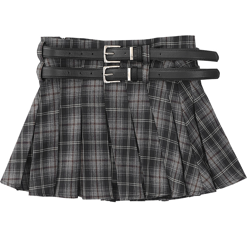 YPRS 남성용 오리지널 패션 브랜드 더블 벨트 격자 무늬 디자인 틈새 하이 웨이스트 슬리밍 여성용 핫 걸 반바지 A 라인 스커트