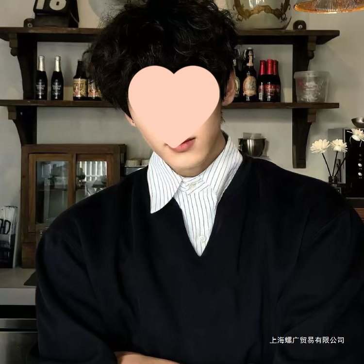 黑色miu系假两件条纹v领卫衣男早秋美式复古polo领上衣学院风外套|undefined