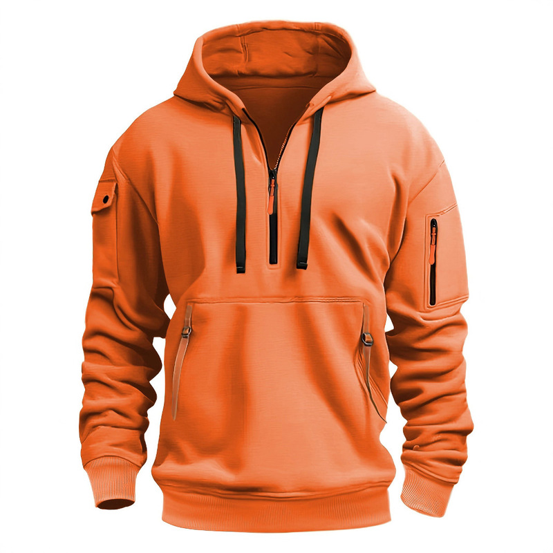 Cross-Border European Size Men's Sweatshirt Casual Sports Hoodie Autumn and Winter Top with Arm Pocket Zipper Loose Fit for Men