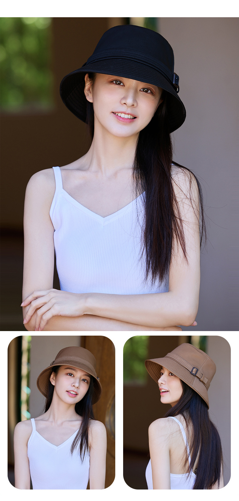 Mũ chống nắng nữ kiểu Hàn Quốc vành rộng chống tia UV — kaki đậm chi tiết 2
