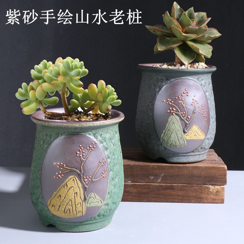 紫砂手绘山水老桩