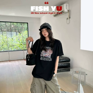 十三行FlSHYU早秋新款美式糖果巧克力字母印花圆领短袖t恤626537