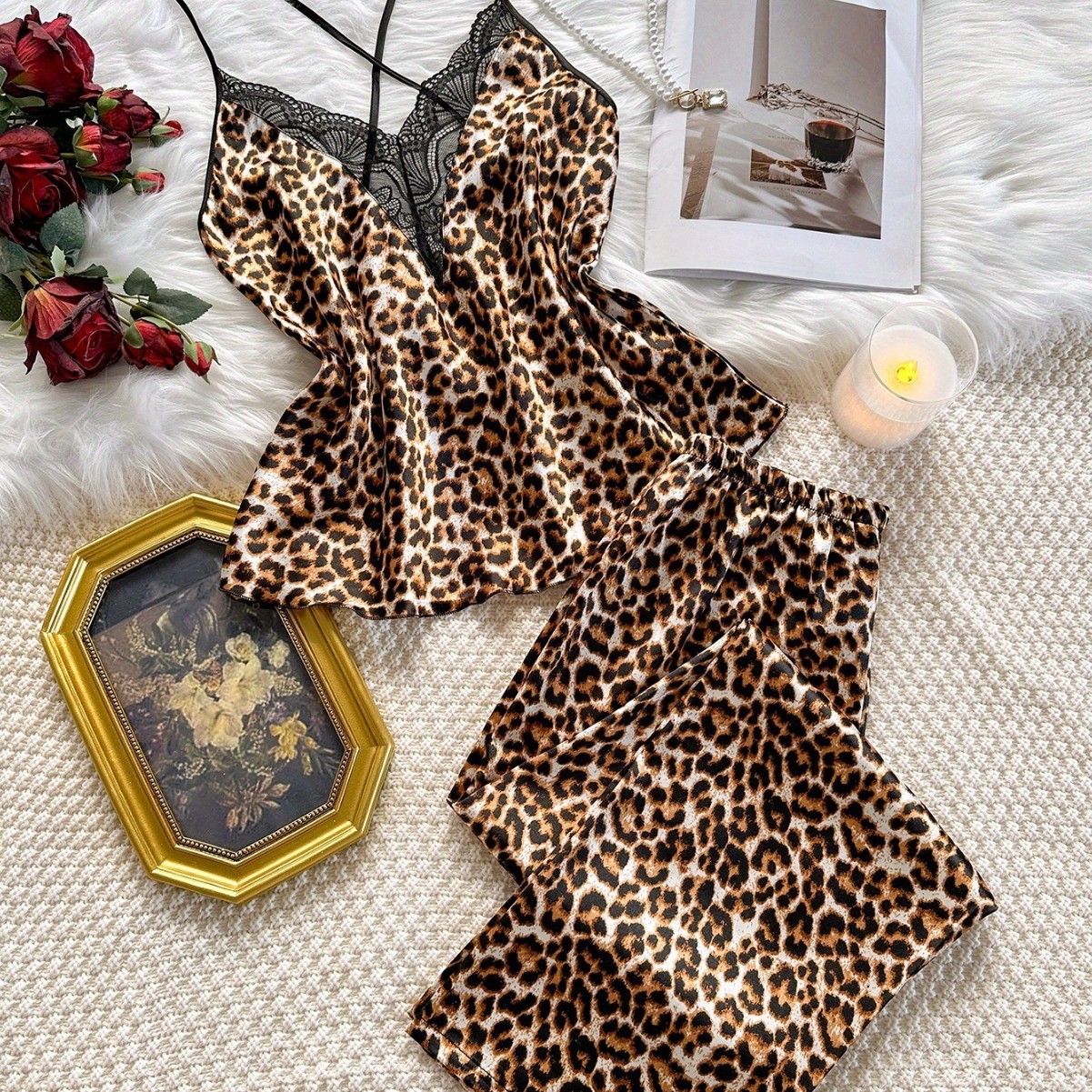 European and American Women's Pajamas Set Cross-Border Spring and Autumn Suspender Trousers Two-Piece Set Sexy Leopard Print Pajamas Home Wear Set
