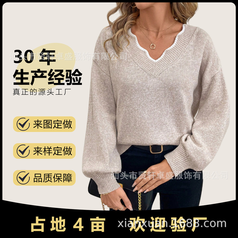 2026 Cross-Border European and American Style Wavy Lace Collar Hollow-Out Back Bow Pullover Lantern Sleeve Loose Top Knit Sweater 2026 Cross-Border European and American Style Wavy Lace Collar Hollow-Out Back Bow Pullover Lantern Sleeve Loose Top Knit Sweater