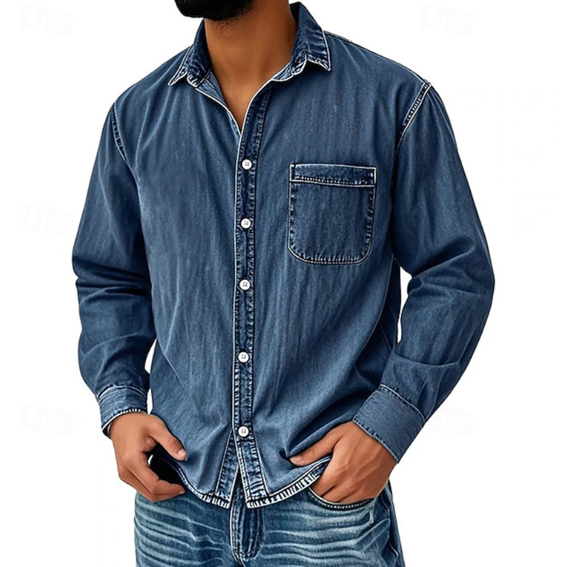 Paimon 2025 New Autum Men's Denim Shirt Long-Sleeved American Workwear Retro Washed Shirt Jacket Trendy