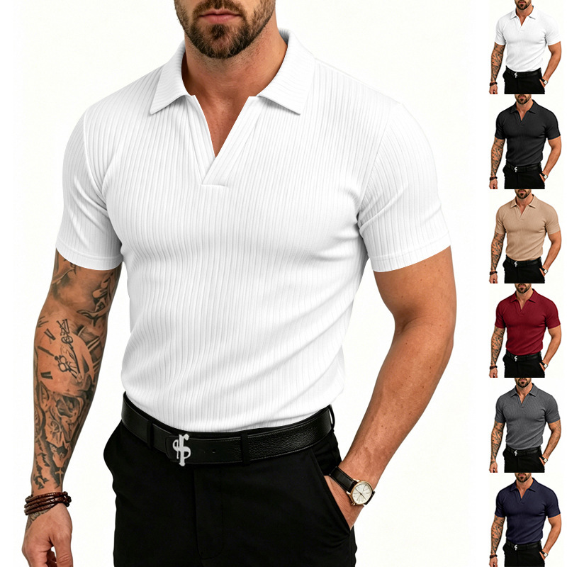 European and American Cross-Border Summer Men's Outdoor Casual Elastic Breathable Dry-Fit Polo Shirt V-Neck Ribbed Knit Short-Sleeve T-Shirt European and American Cross-Border Summer Men's Outdoor Casual Elastic Breathable Dry-Fit Polo Shirt V-Neck Ribbed Knit Short-Sleeve T-Shirt