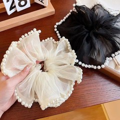 法式高級感珍珠網紗發圈女超大號丸子頭橡皮筋頭繩氣質綁頭花發繩