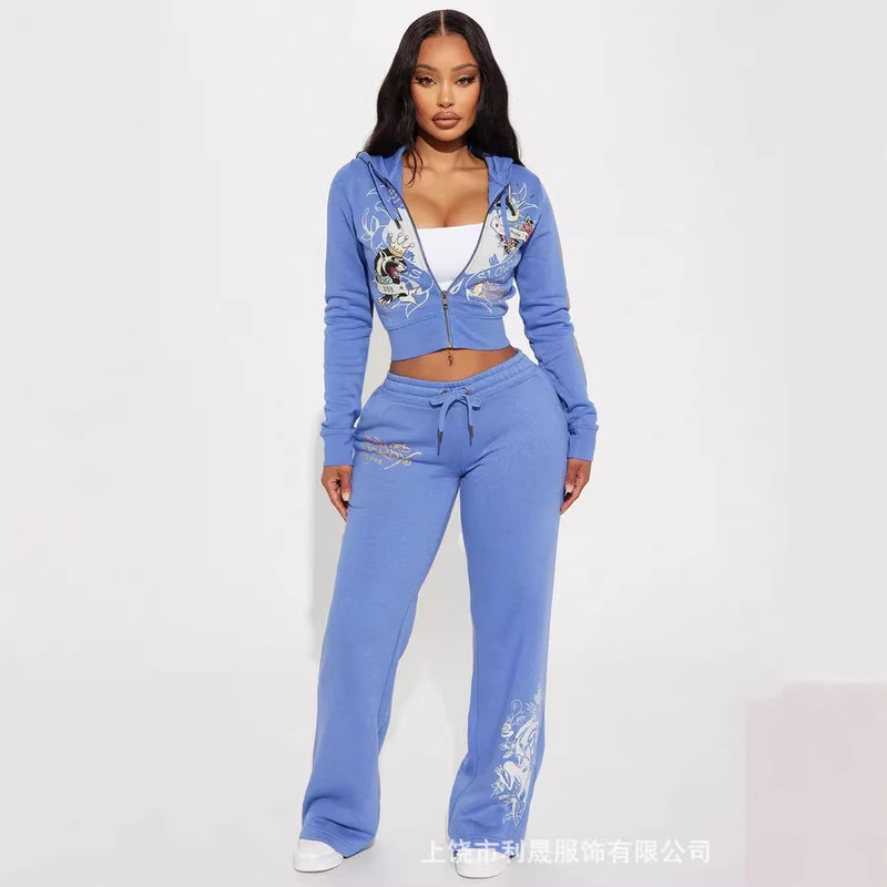 2026 Cross-Border European and American 3D Digital Print Ed Hardy Style Short Jacket High-Waisted Wide-Leg Pants Zip-Up Sweatshirt Set 2026 Cross-Border European and American 3D Digital Print Ed Hardy Style Short Jacket High-Waisted Wide-Leg Pants Zip-Up Sweatshirt Set