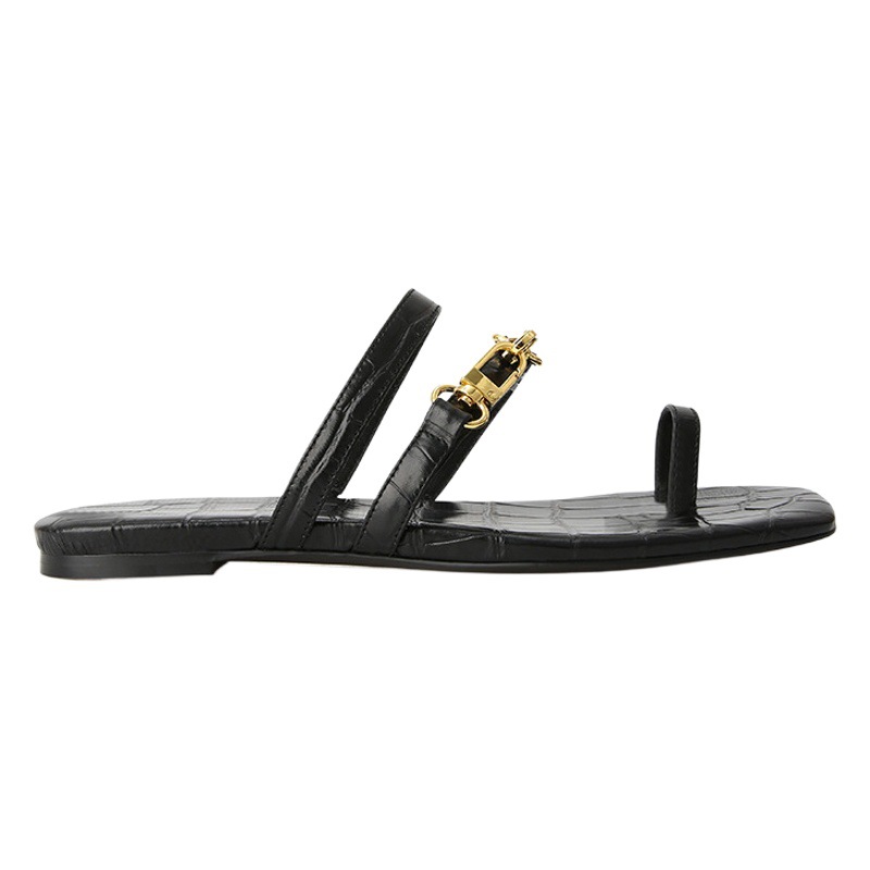 2023 verano sandalias al aire libre de las mujeres casuales ~ Pato Mandarín cocodrilo hebilla metal dedo del pie zapatillas planas fresco