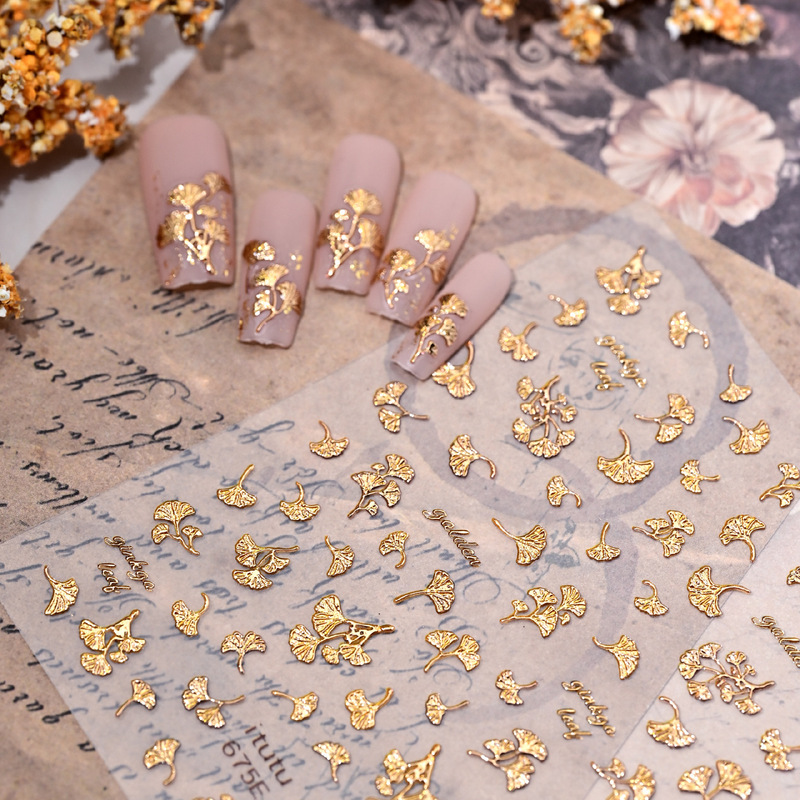Trendy Golden Ginkgo Autumn Gold Foil Nail Stickers with Adhesive Back, Retro Golden Ginkgo Leaf Embossed Wearable Nail Art Decals