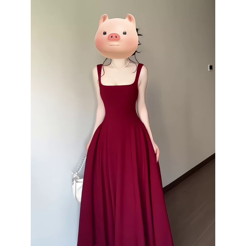 Red Spaghetti Strap Dress for Women, Summer French Style Elegant Engagement Dress, Toast Dress, Waist-Cinching Slimming Red Long Dress