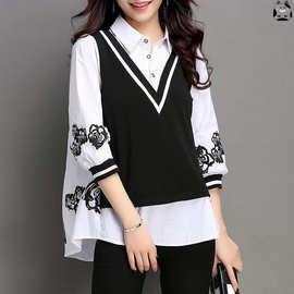 大码女装胖mm遮肚上衣宽松胖妹妹加肥加大七分袖假两件打底衬衫女