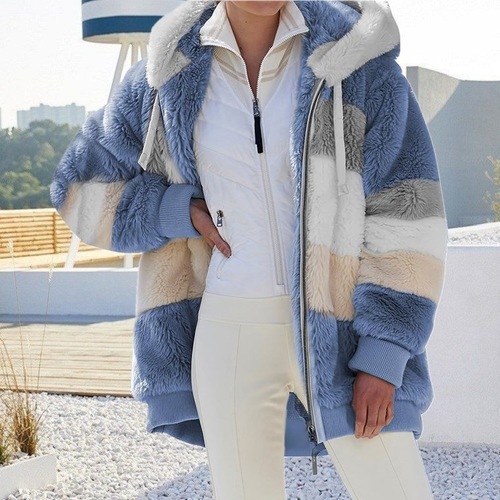 Popular European and American autumn and winter warm plush patchwork zipper pocket hooded loose jacket for women